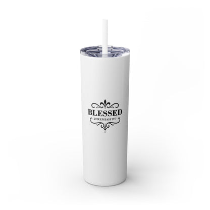 Blessed (Black Lettering) Stylish Skinny Tumbler with Straw, 20oz - Perfect Gift for Believers, Travel Mug, Insulated Drinkware, Inspirational Cup - Cross Apparel USA