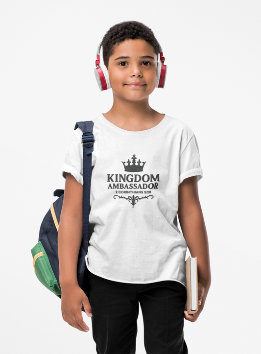 Kingdom Ambassador (Black Lettering) Kids Tee, Faith-based Inspirational Apparel, Gift for Believers, Youth Fashion, Bible Verse Shirt, Meaningful Gift