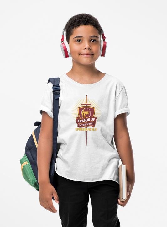 Armor Up (Burgundy & Gold Lettering) Kids Inspirational T-shirt