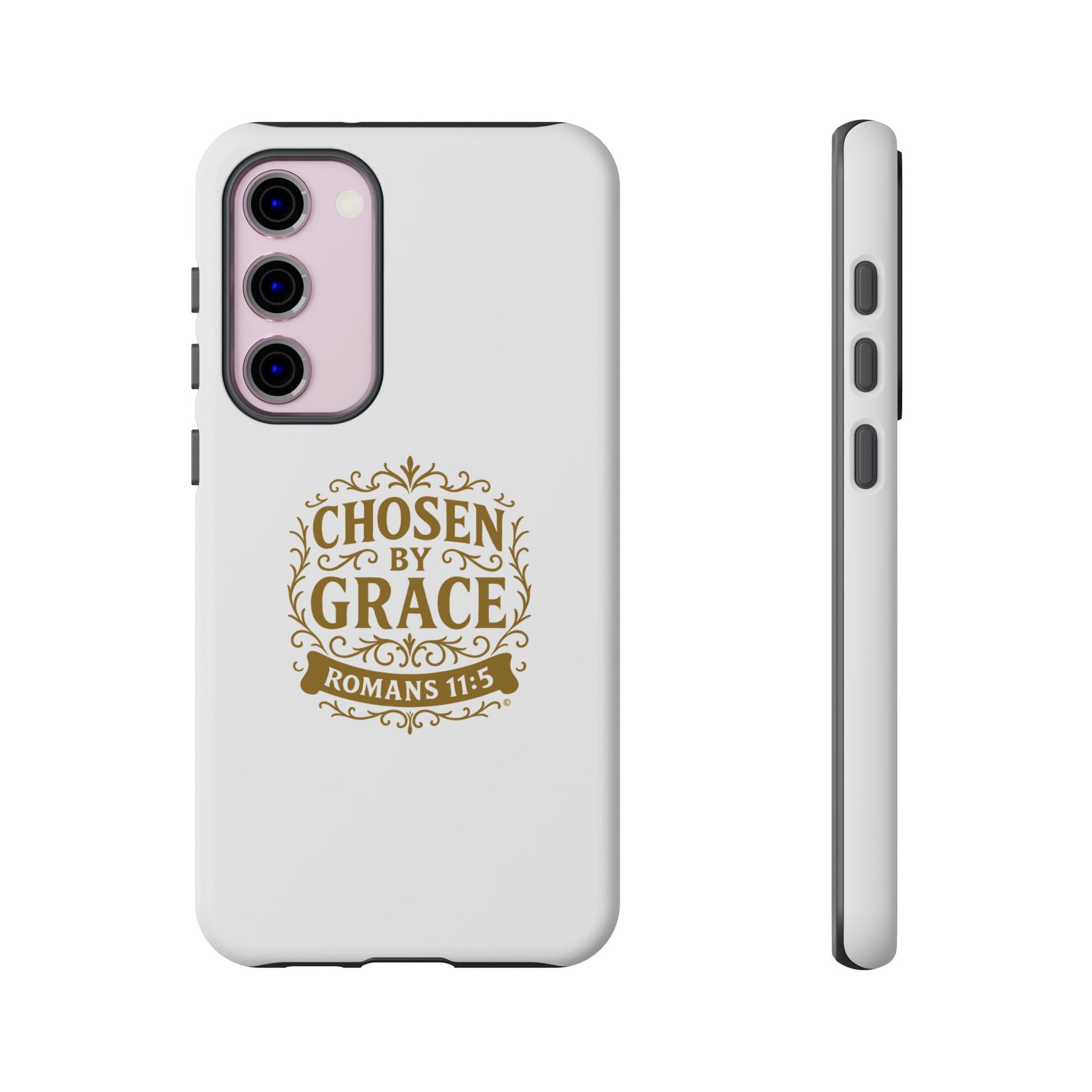Chosen by Grace (Gold Lettering), Rugged Phone Case, Inspirational Mobile Cover, Gift for Faith Lovers, Faith-Based Protector - Cross Apparel USA