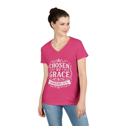Chosen by Grace (White Lettering) Ladies V-Neck T-Shirt, Inspirational Gift, Faith-Based Gift