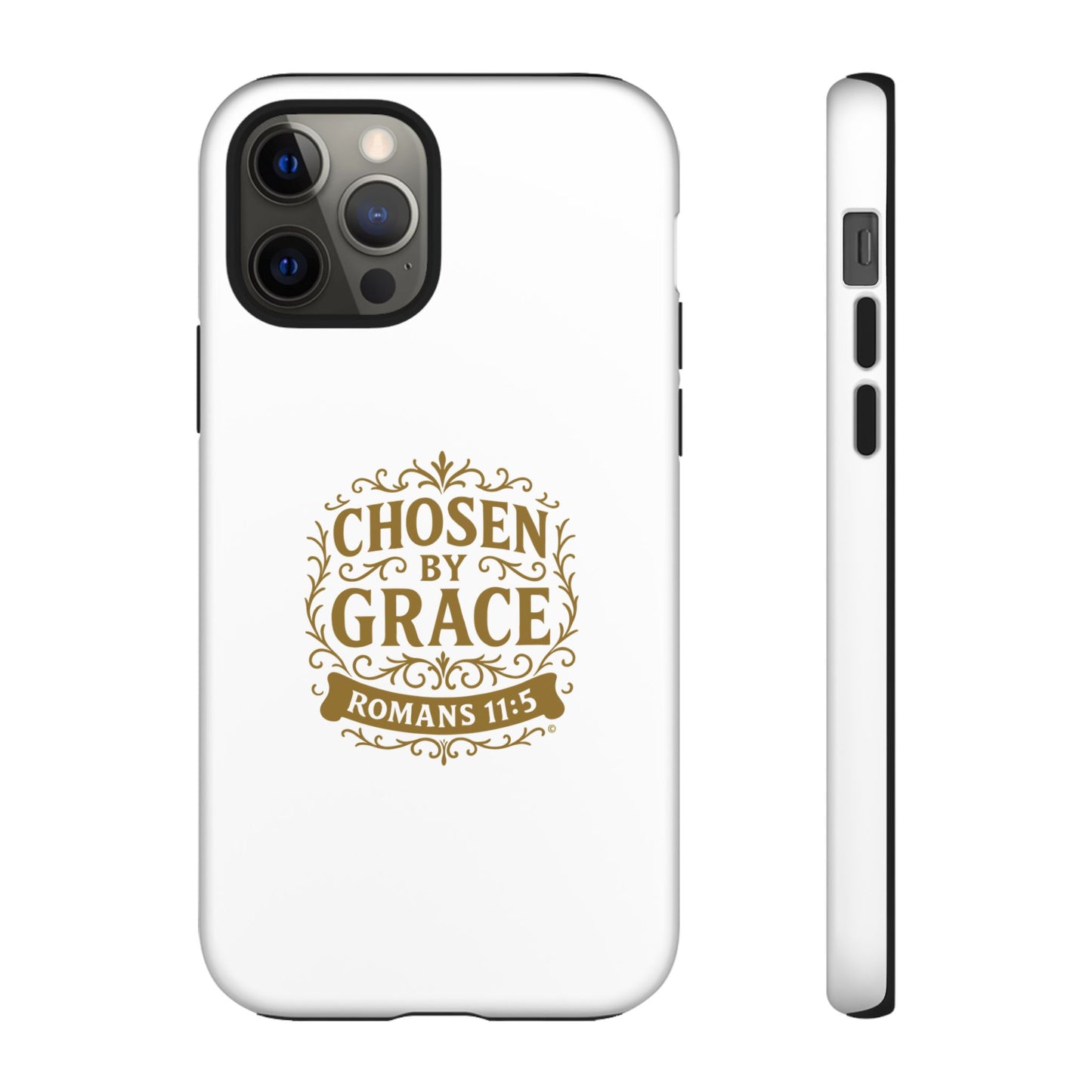 Chosen by Grace (Gold Lettering), Rugged Phone Case, Inspirational Mobile Cover, Gift for Faith Lovers, Faith-Based Protector - Cross Apparel USA