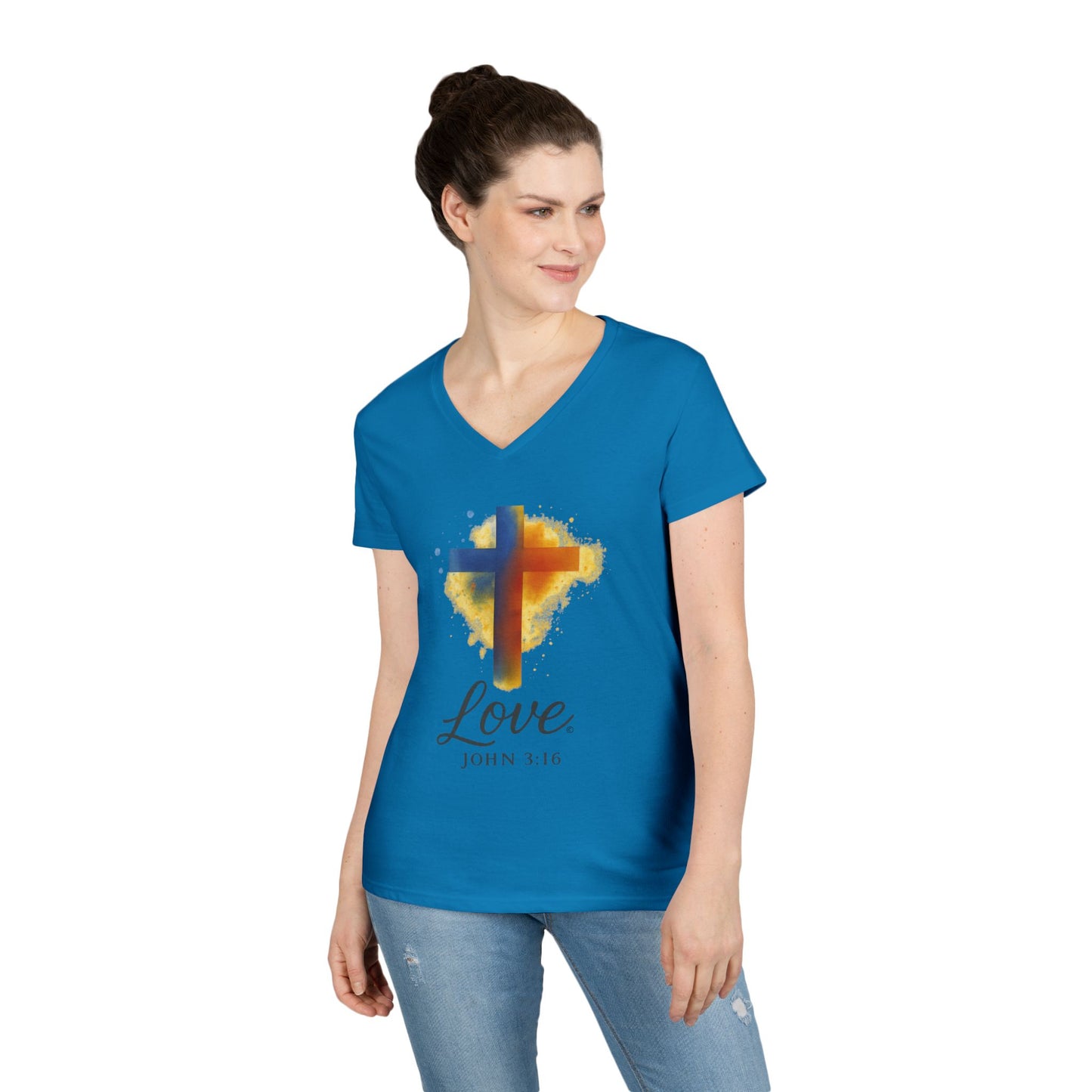 Love (Full Color) Ladies V-Neck T-Shirt, Inspirational Gift, Faith-Based Gift