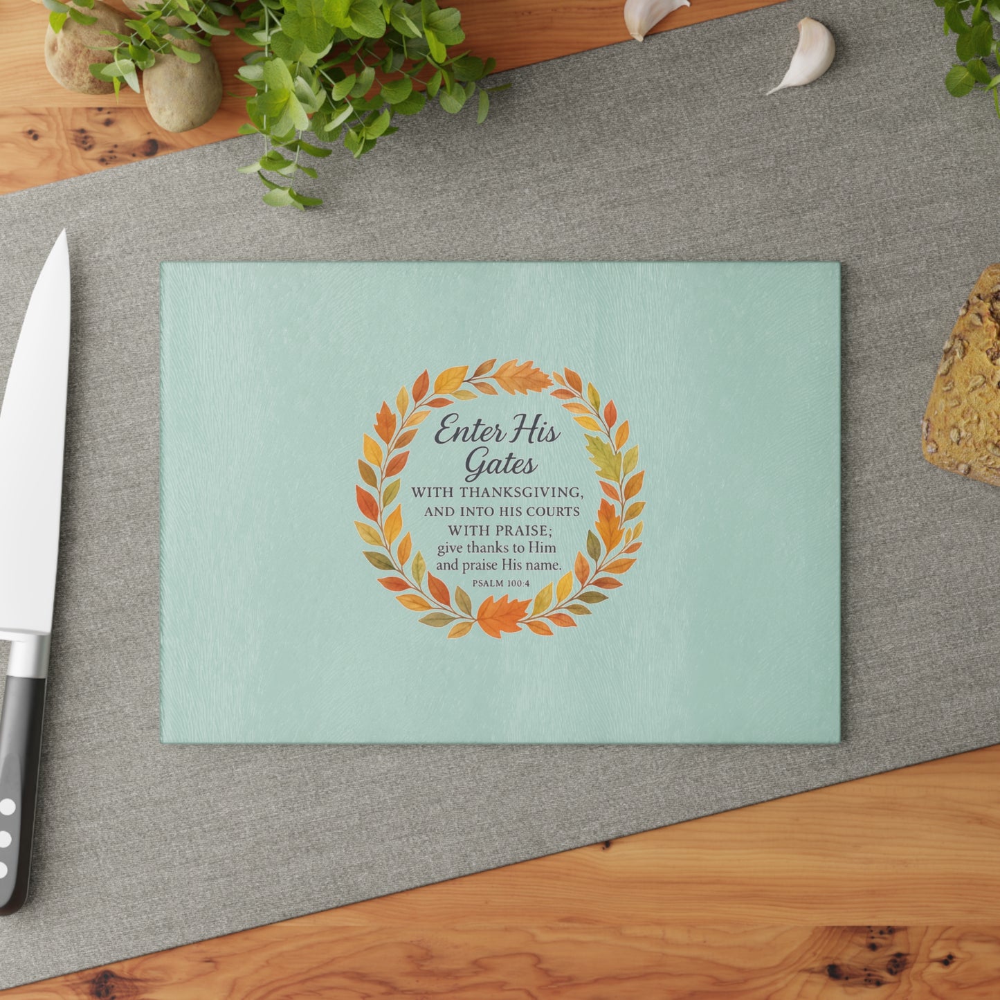 Enter His Gates with Thanksgiving Glass Cutting Board with Scripture Design