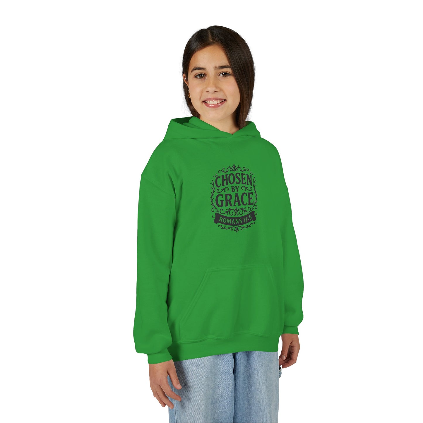 Chosen by Grace (Black Lettering) Youth Heavy Blend Hooded Sweatshirt