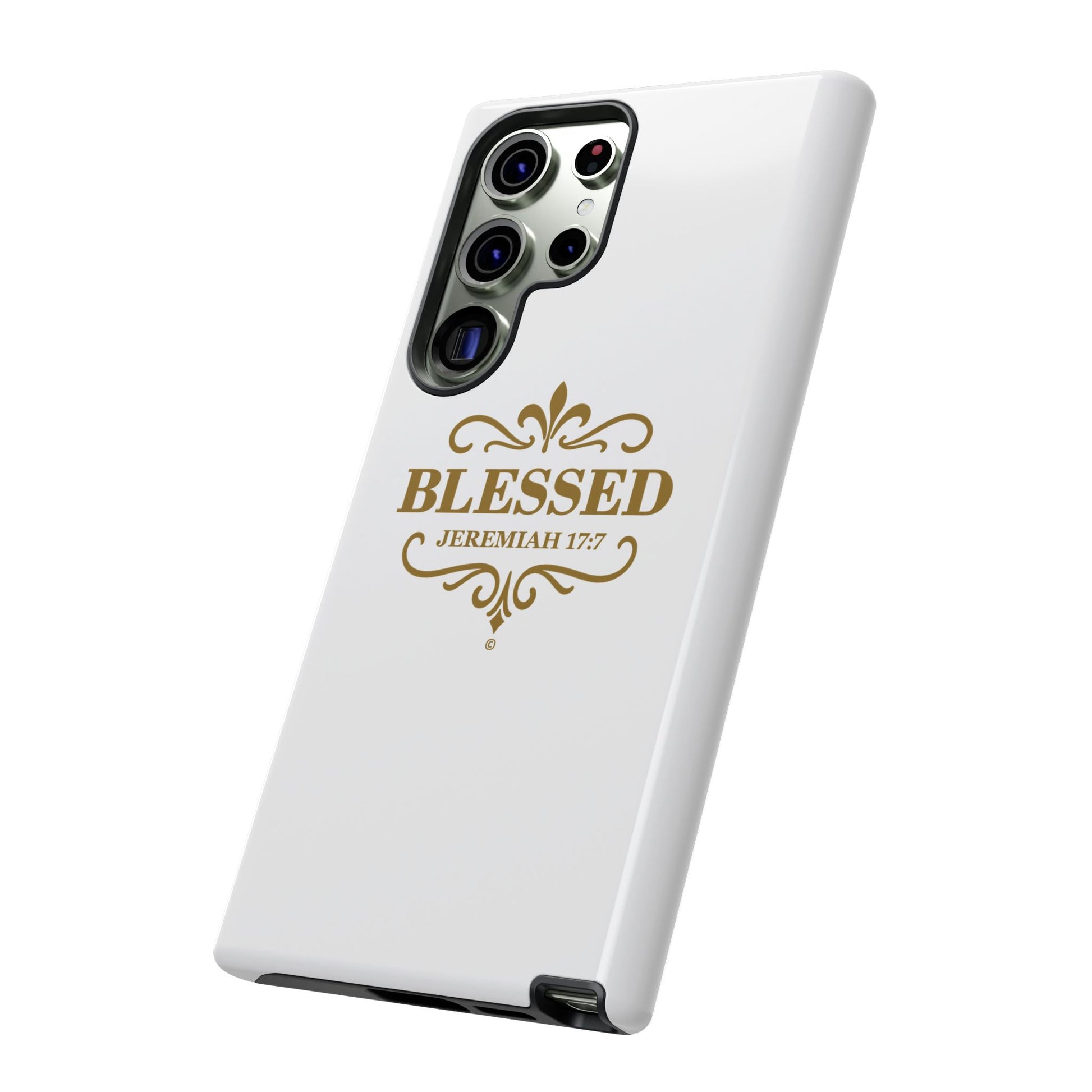 Blessed (Gold Lettering), Rugged Phone Case, Inspirational Mobile Cover, Gift for Faith Lovers, Faith-Based Protector - Cross Apparel USA