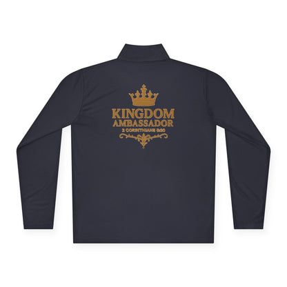 Kingdom Ambassador (Gold Lettering with Small Design on Front and Full Design on the Back Side) Stylish Unisex Quarter-Zip Pullover for Everyday Comfort, Cozy Apparel, Trendy Layering, Casual Wear, Great for Believers