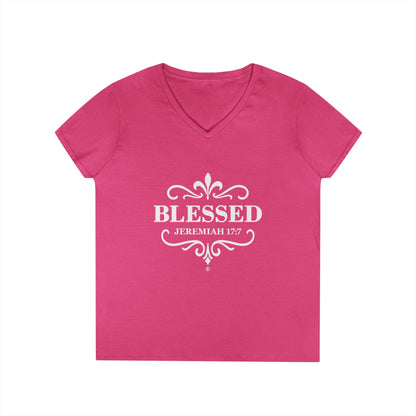 Blessed (White Lettering) Ladies V-Neck T-Shirt, Inspirational Gift, Faith-Based Gift