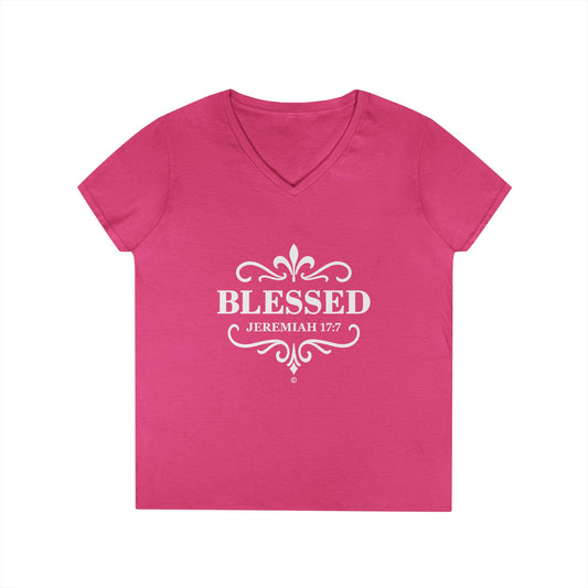 Blessed (White Lettering) Ladies V-Neck T-Shirt, Inspirational Gift, Faith-Based Gift