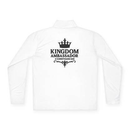 Kingdom Ambassador (Small Design on Front and Full design on the back side) Stylish Unisex Quarter-Zip Pullover for Everyday Comfort, Cozy Apparel, Trendy Layering, Casual Wear, Great for Believers
