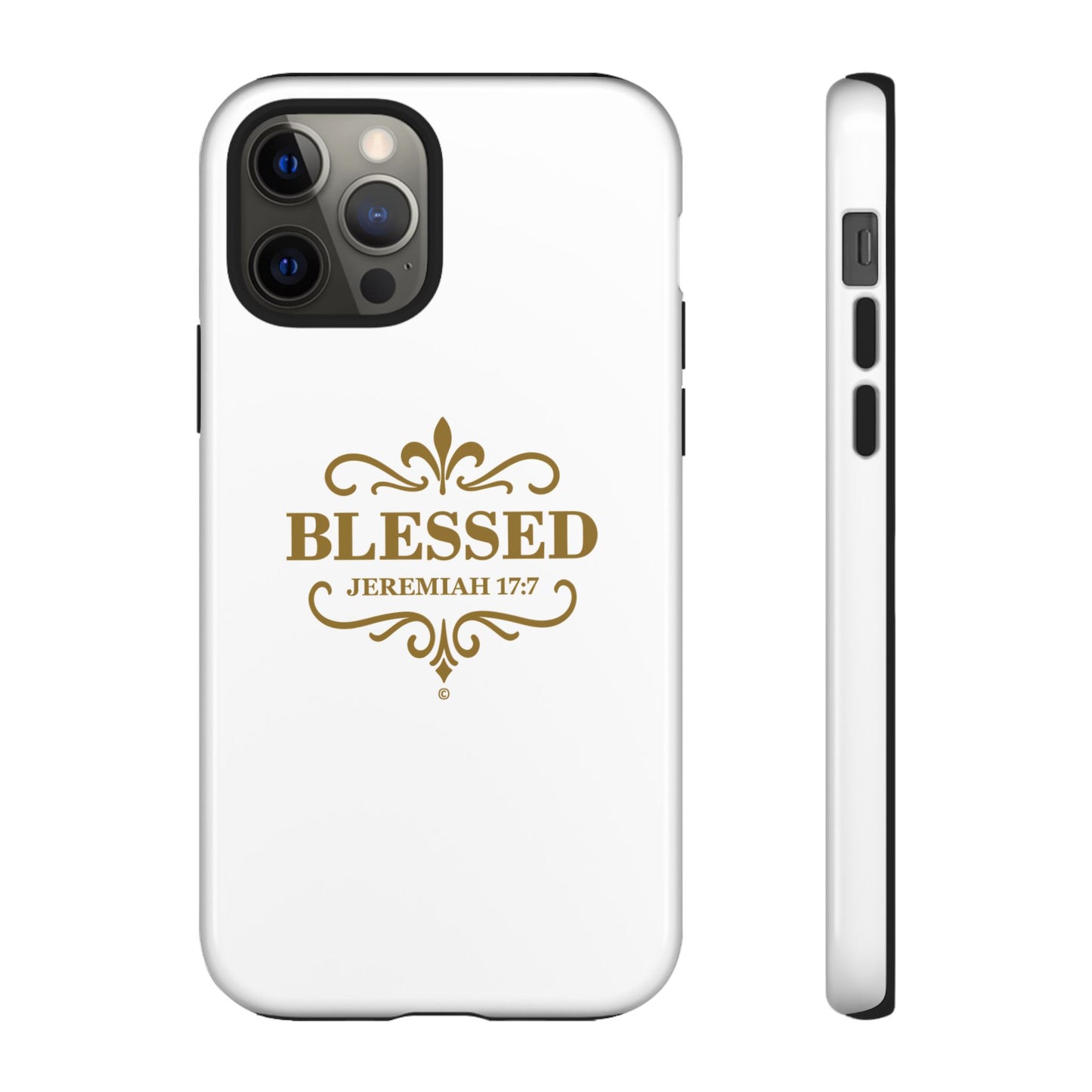 Blessed (Gold Lettering), Rugged Phone Case, Inspirational Mobile Cover, Gift for Faith Lovers, Faith-Based Protector - Cross Apparel USA