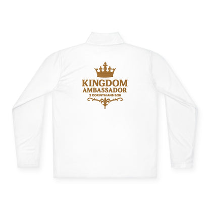 Kingdom Ambassador (Gold Lettering with Small Design on Front and Full Design on the Back Side) Stylish Unisex Quarter-Zip Pullover for Everyday Comfort, Cozy Apparel, Trendy Layering, Casual Wear, Great for Believers