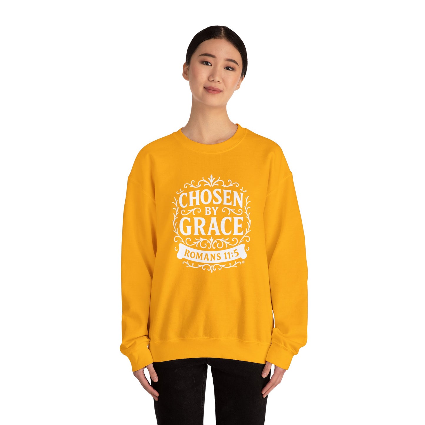 Chosen by Grace (White Lettering) Unisex Crewneck Sweatshirt - Inspirational Gift, Faith-Based Apparel, Cozy Casual Wear, Bible Verse Sweatshirt