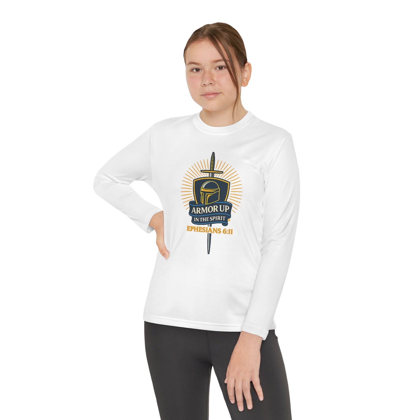 Armor Up (Blue & Gold Lettering) Youth Long Sleeve Armor Up Tee - Inspirational Shirt for Kids, Faith-Based Apparel, Gifts for Believers
