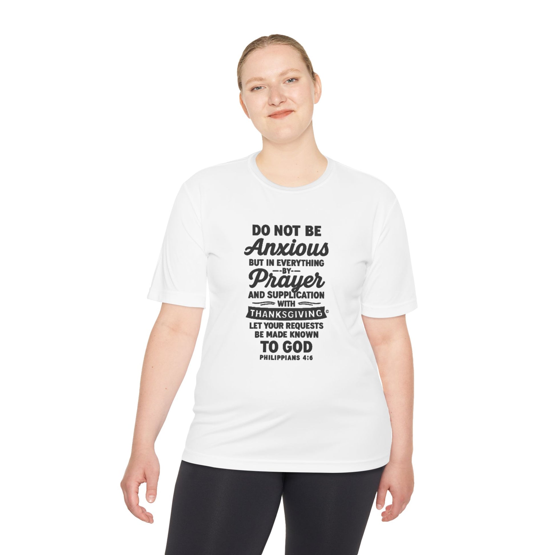 Not Anxious (Black Lettering with full design on the front side) Activewear Performance Moisture Wicking Tee, Faith-Based Workout Shirt, Inspirational Fitness Gear, Gift for Fitness Lovers, Bible Verse T-Shirt - Cross Apparel USA