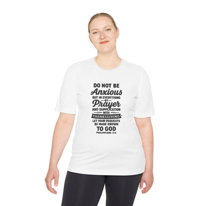 Not Anxious (Black Lettering with full design on the front side) Activewear Performance Moisture Wicking Tee, Faith-Based Workout Shirt, Inspirational Fitness Gear, Gift for Fitness Lovers, Bible Verse T-Shirt - Cross Apparel USA