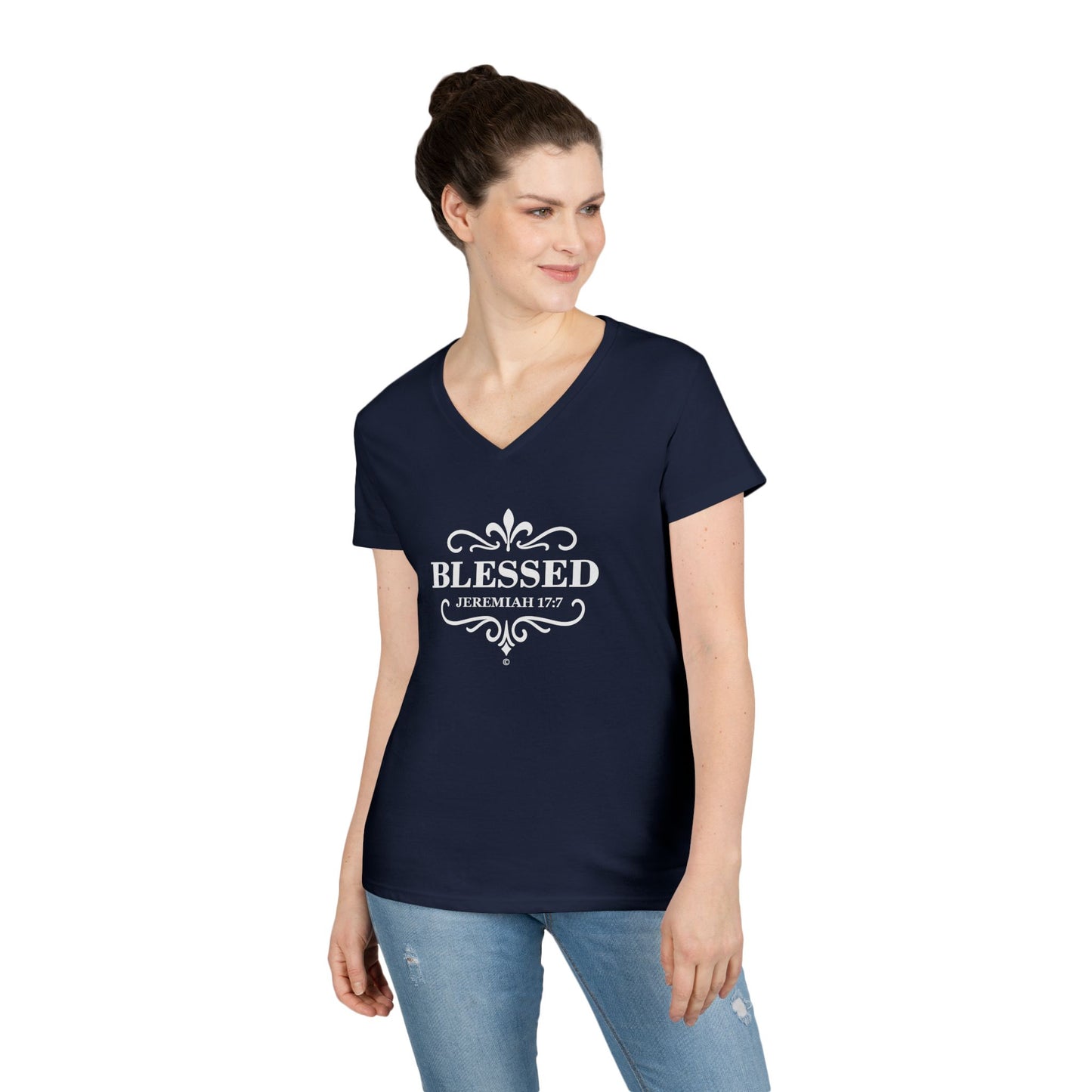 Blessed (White Lettering) Ladies V-Neck T-Shirt, Inspirational Gift, Faith-Based Gift