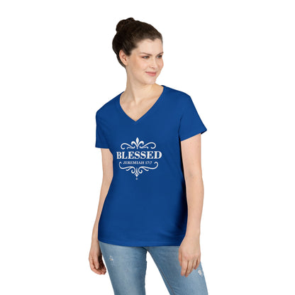 Blessed (White Lettering) Ladies V-Neck T-Shirt, Inspirational Gift, Faith-Based Gift