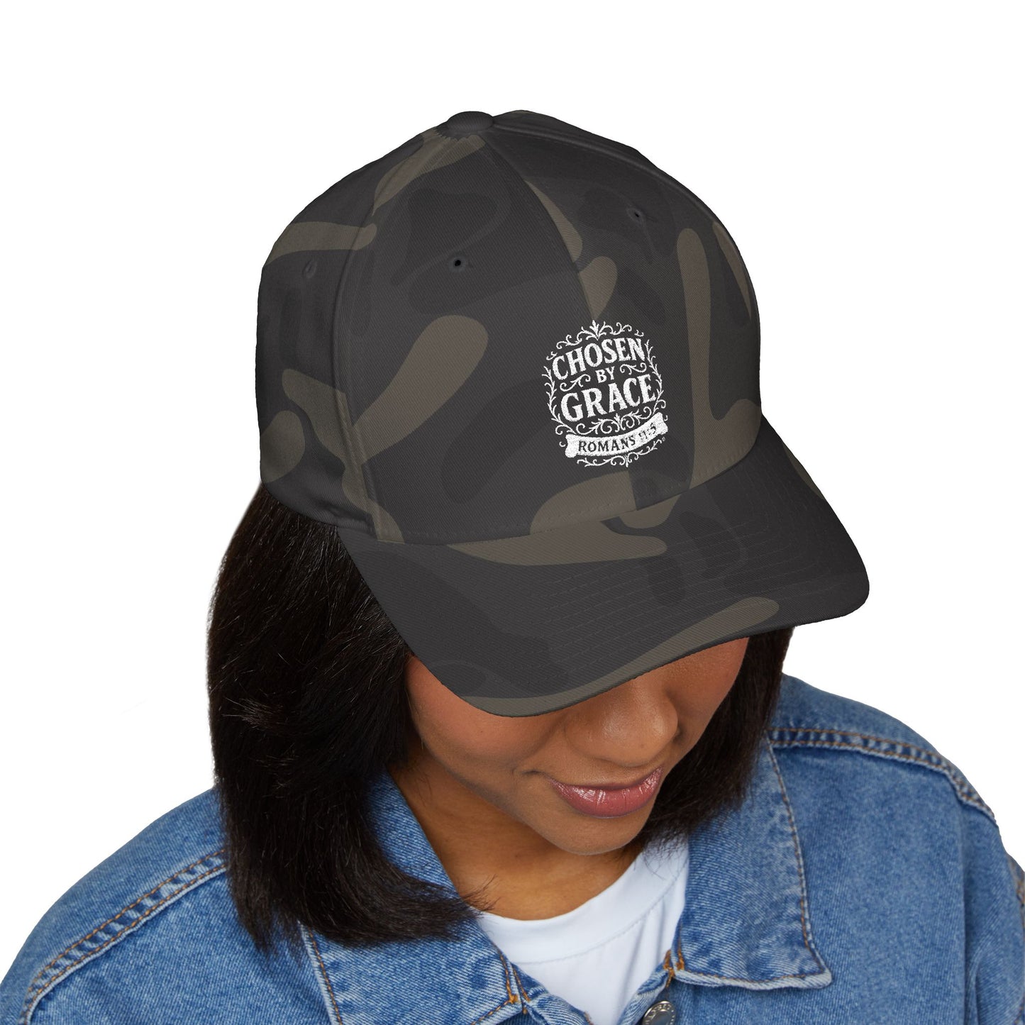 Chosen by Grace (White Lettering) Embroidered Cap - Stylish Flex Fit Closed-Back Hat, Perfect for Events, Gifts, and Celebrations
