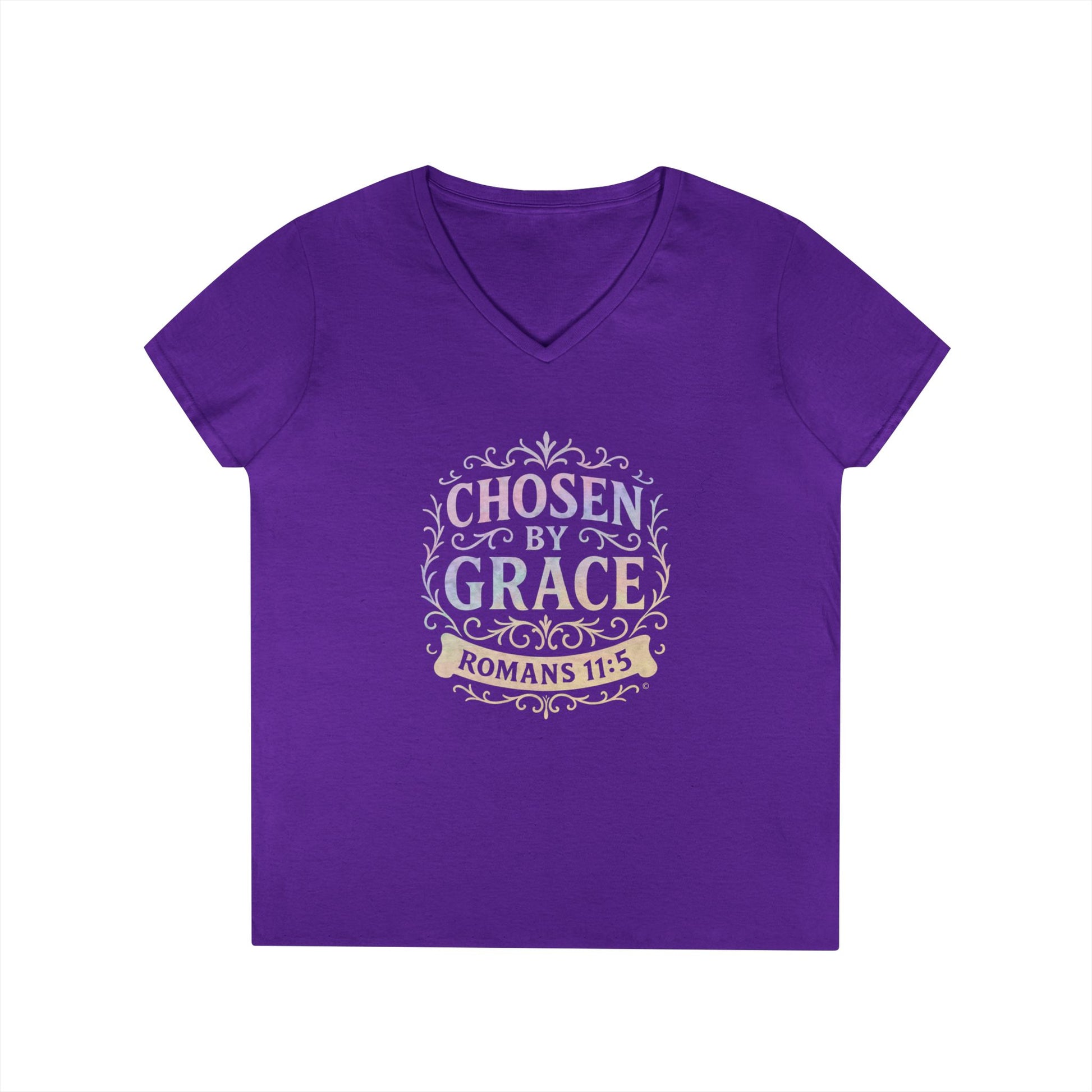Chosen by Grace (Multi-color Limited Edition) Ladies V-Neck T-Shirt, Inspirational Gift, Faith-Based Gift - Cross Apparel USA