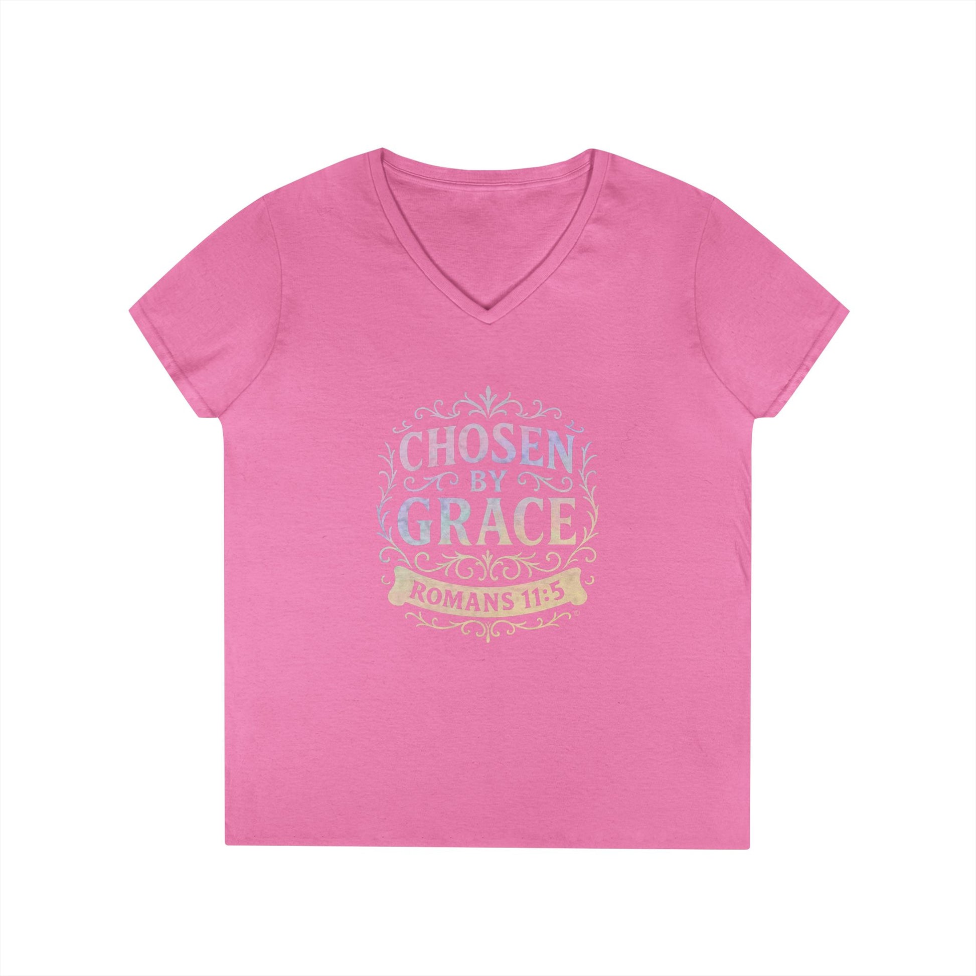 Chosen by Grace (Multi-color Limited Edition) Ladies V-Neck T-Shirt, Inspirational Gift, Faith-Based Gift - Cross Apparel USA
