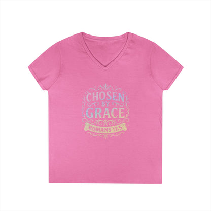 Chosen by Grace (Multi-color Limited Edition) Ladies V-Neck T-Shirt, Inspirational Gift, Faith-Based Gift - Cross Apparel USA