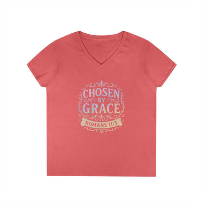 Chosen by Grace (Multi-color Limited Edition) Ladies V-Neck T-Shirt, Inspirational Gift, Faith-Based Gift