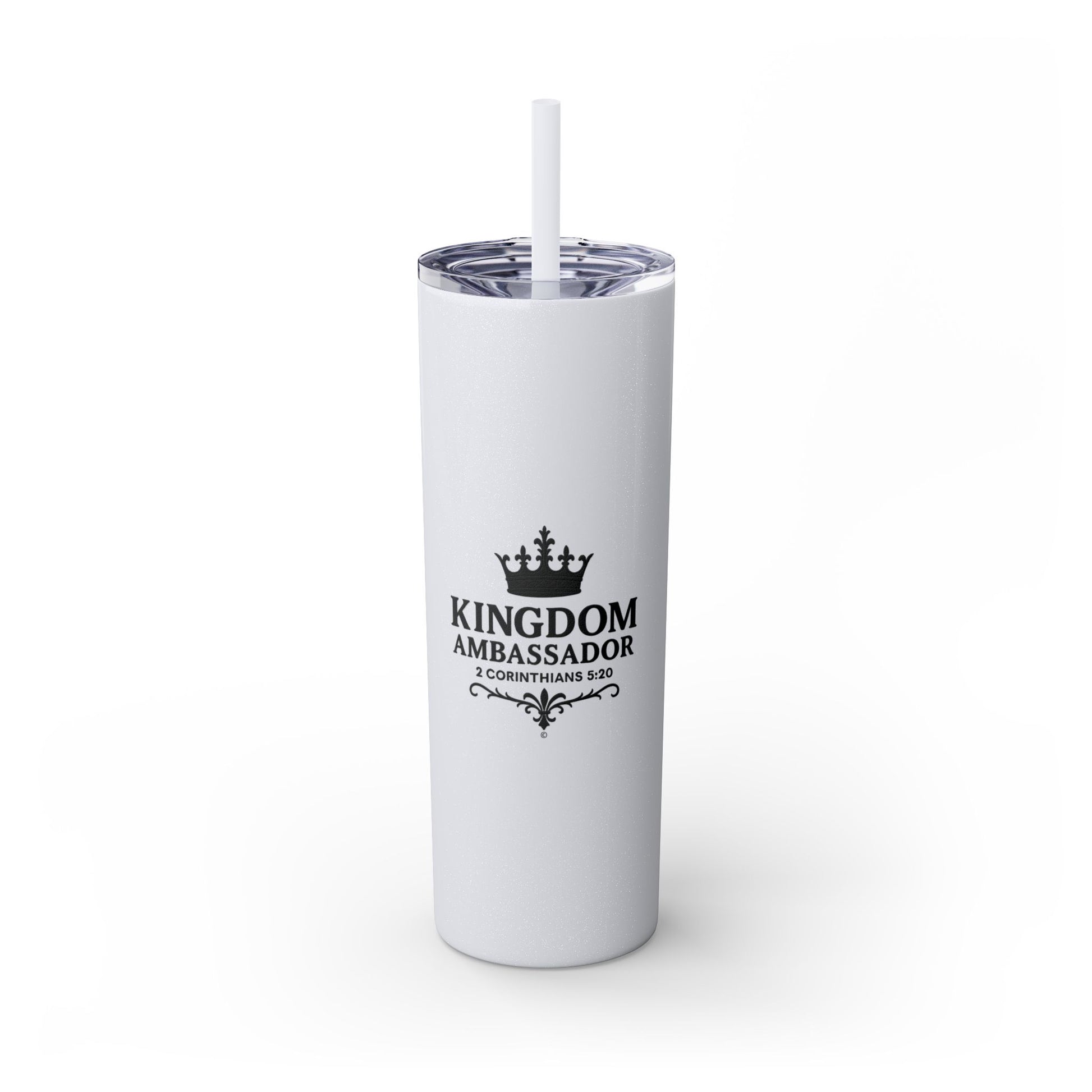 Kingdom Ambassador (Black Lettering) Stylish Skinny Tumbler with Straw, 20oz - Perfect Gift for Believers, Travel Mug, Insulated Drinkware, Inspirational Cup - Cross Apparel USA