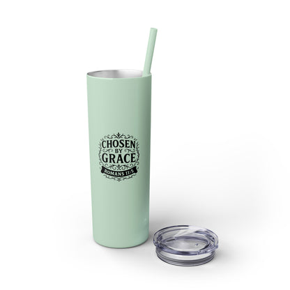 Chosen by Grace (Black Lettering) Stylish Skinny Tumbler with Straw, 20oz - Perfect Gift for Believers, Travel Mug, Insulated Drinkware, Inspirational Cup - Cross Apparel USA