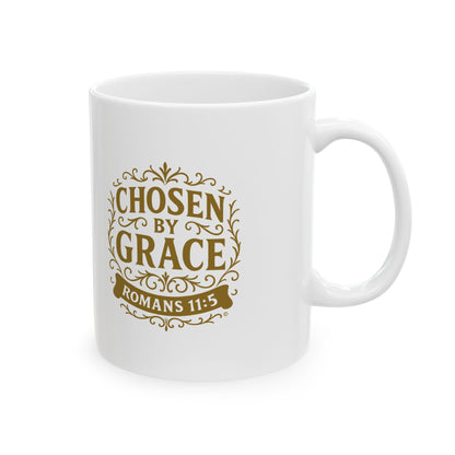 Chosen by Grace (Gold Lettering) Ceramic Mug, Inspirational Gift, Coffee Cup for Faith, Gift of Believers, Devotional Drinkware (11oz, 15oz) - Cross Apparel USA