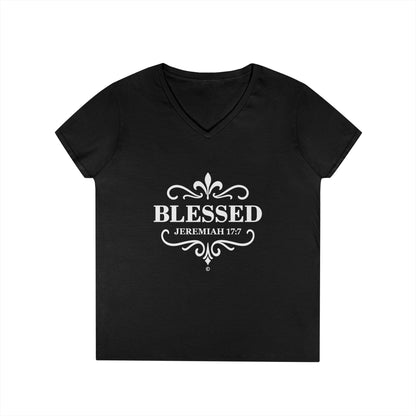 Blessed (White Lettering) Ladies V-Neck T-Shirt, Inspirational Gift, Faith-Based Gift