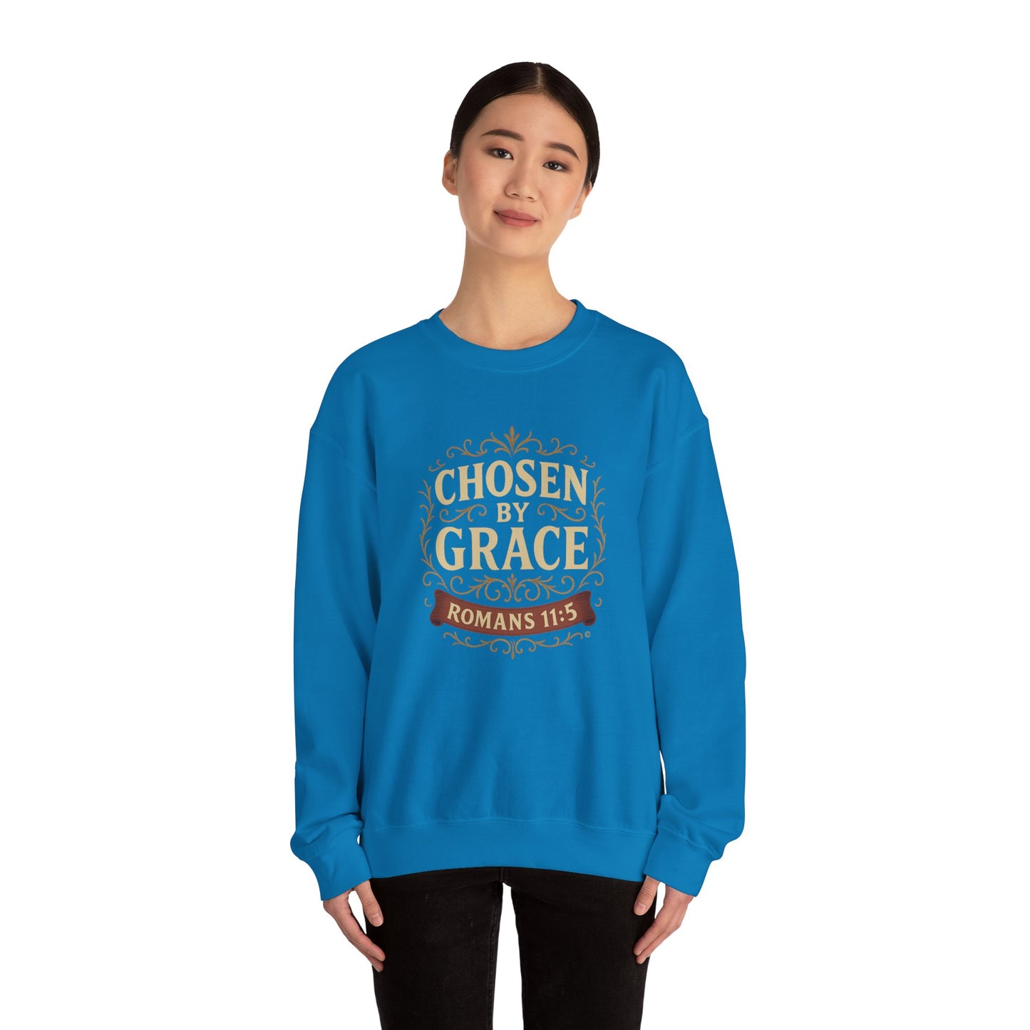 Chosen by Grace (Full Color) Unisex Crewneck Sweatshirt - Inspirational Gift, Christian Apparel, Faith-Based Fashion, Cozy Casual Wear, Bible Verse Sweatshirt