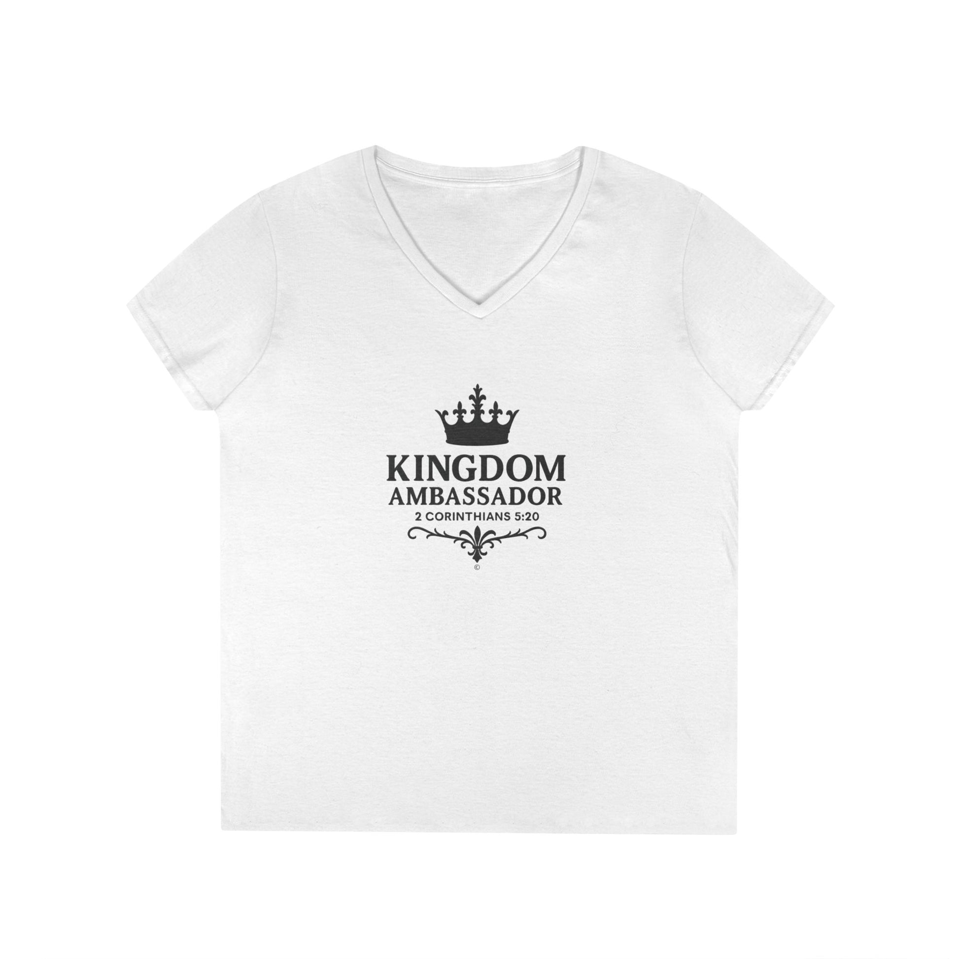 Kingdom Ambasssador (Black Lettering) Ladies V-Neck T-Shirt, Inspirational Gift, Faith-Based Gift - Cross Apparel USA