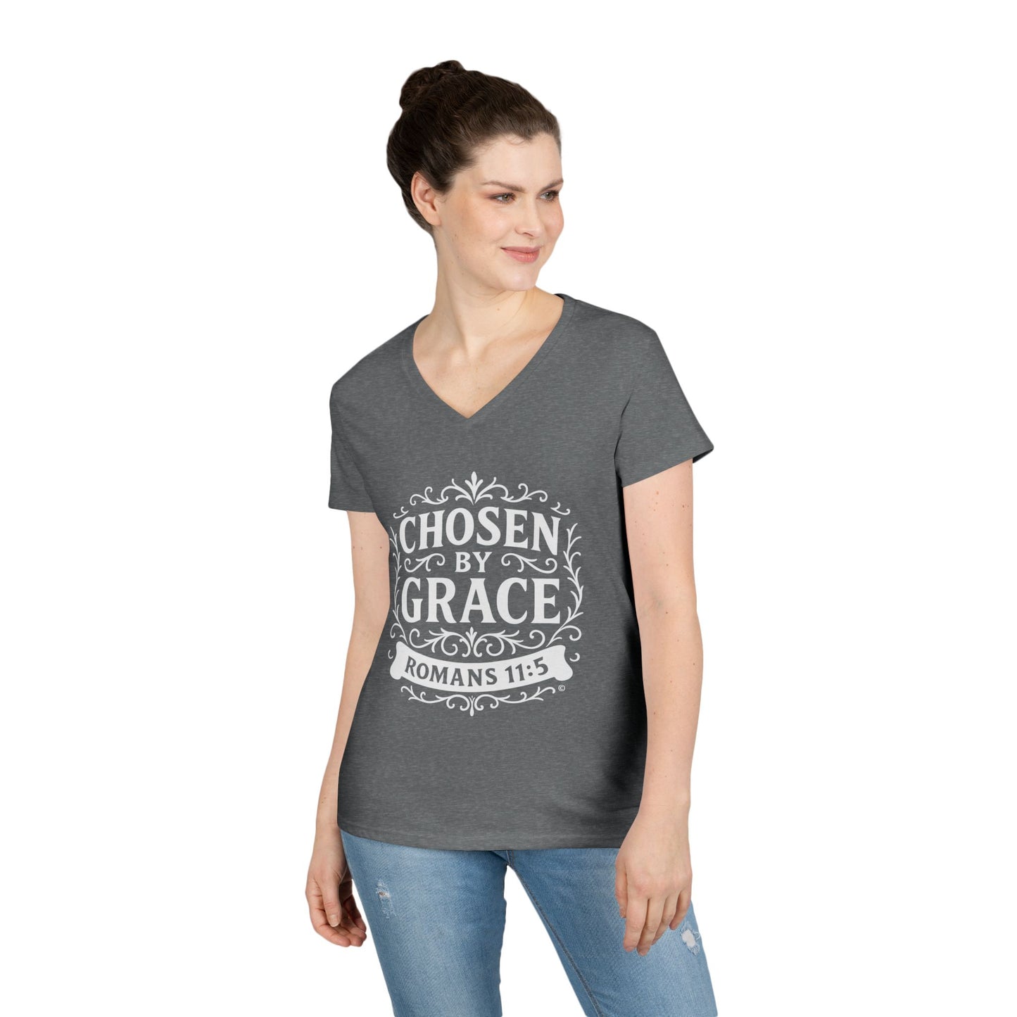 Chosen by Grace (White Lettering) Ladies V-Neck T-Shirt, Inspirational Gift, Faith-Based Gift