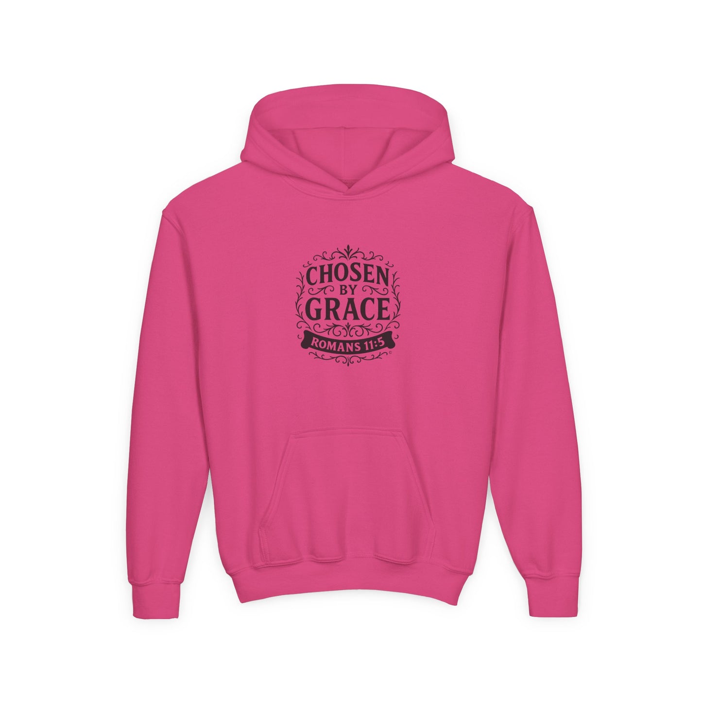 Chosen by Grace (Black Lettering) Youth Heavy Blend Hooded Sweatshirt - Cross Apparel USA
