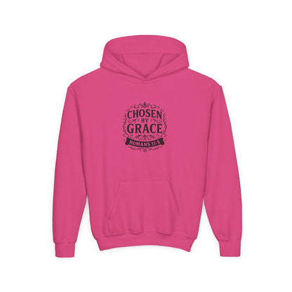 Chosen by Grace (Black Lettering) Youth Heavy Blend Hooded Sweatshirt - Cross Apparel USA