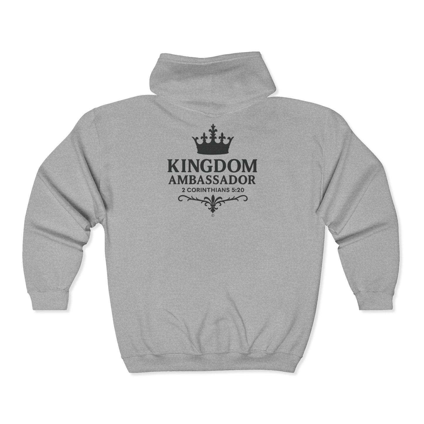 Kingdom Ambassador (White Lettering with Small Design on Front and Full Design on the Back Side) Zip-Up Hoodie - Cozy Unisex Sweatshirt for Inspirational Style, Perfect Gift for Believers