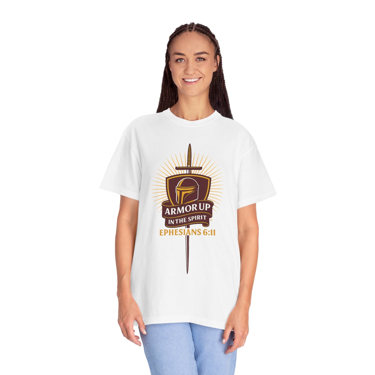 Armor Up (Burgundy & Gold Lettering) Unisex Faith Tee, Relaxed Fit Shirt, Inspirational Apparel, Gift for Believers
