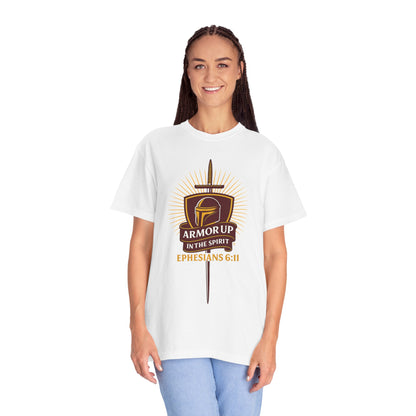 Armor Up (Burgundy & Gold Lettering) Unisex Faith Tee, Relaxed Fit Shirt, Inspirational Apparel, Gift for Believers