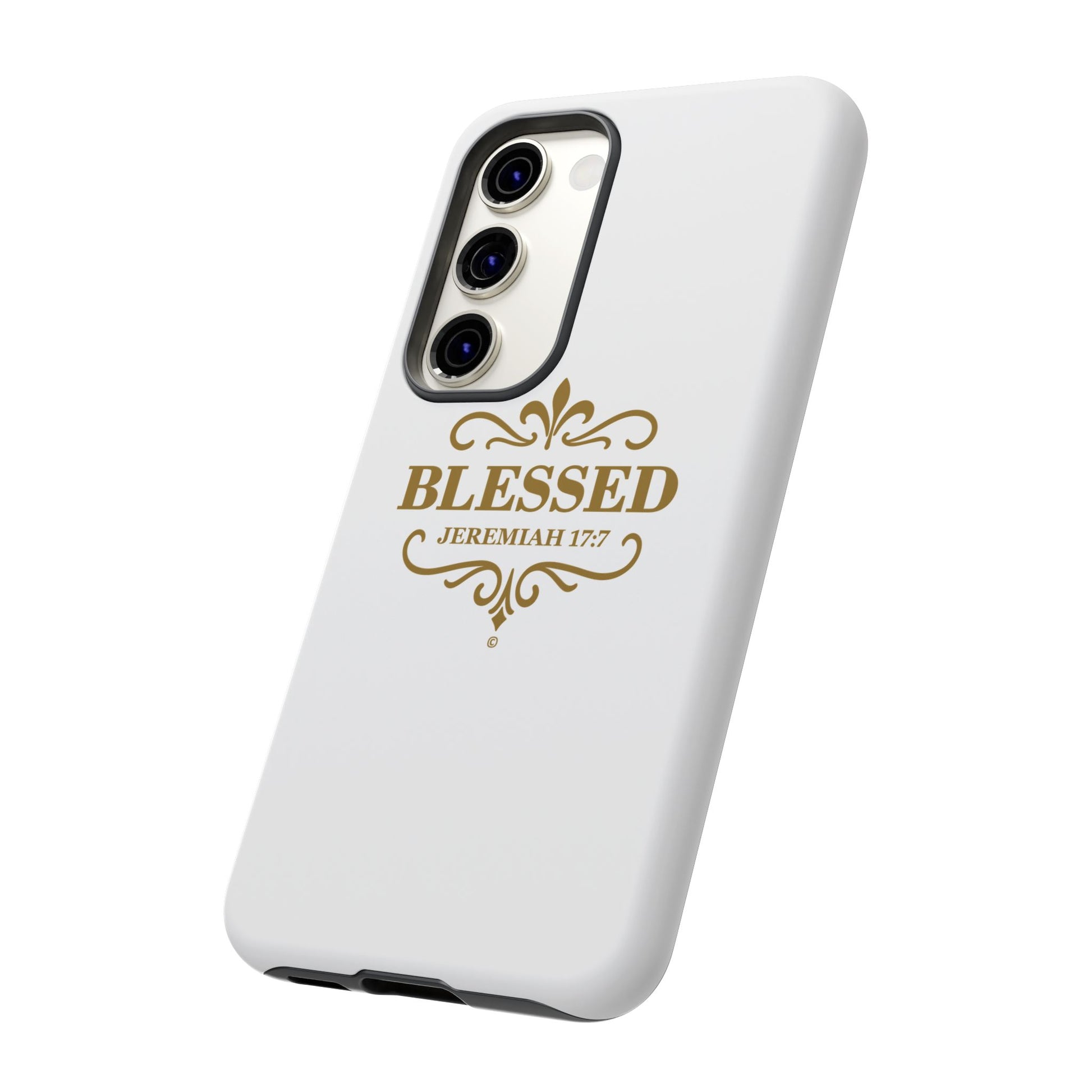 Blessed (Gold Lettering), Rugged Phone Case, Inspirational Mobile Cover, Gift for Faith Lovers, Faith-Based Protector - Cross Apparel USA