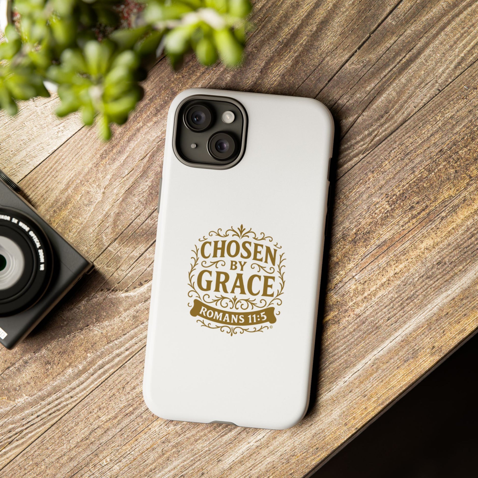 Chosen by Grace (Gold Lettering), Rugged Phone Case, Inspirational Mobile Cover, Gift for Faith Lovers, Faith-Based Protector - Cross Apparel USA