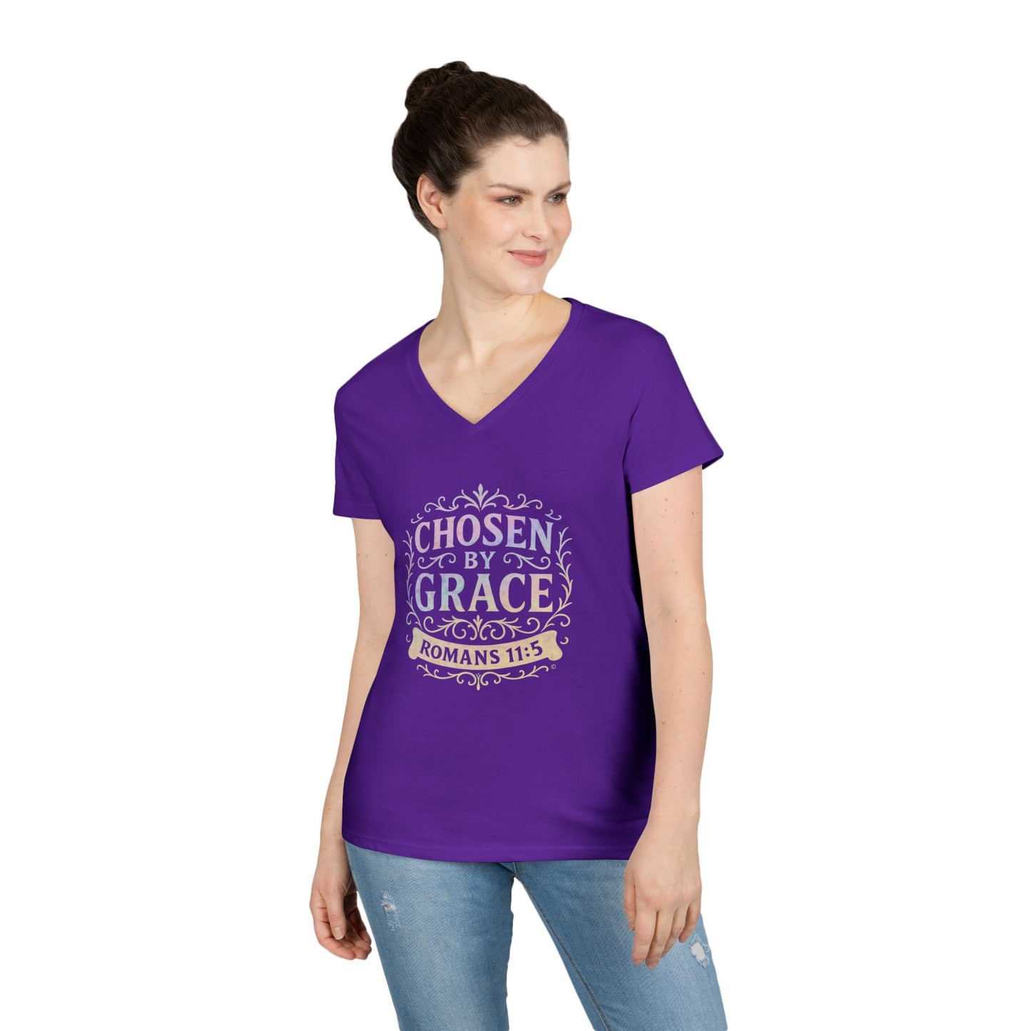 Chosen by Grace (Multi-color Limited Edition) Ladies V-Neck T-Shirt, Inspirational Gift, Faith-Based Gift