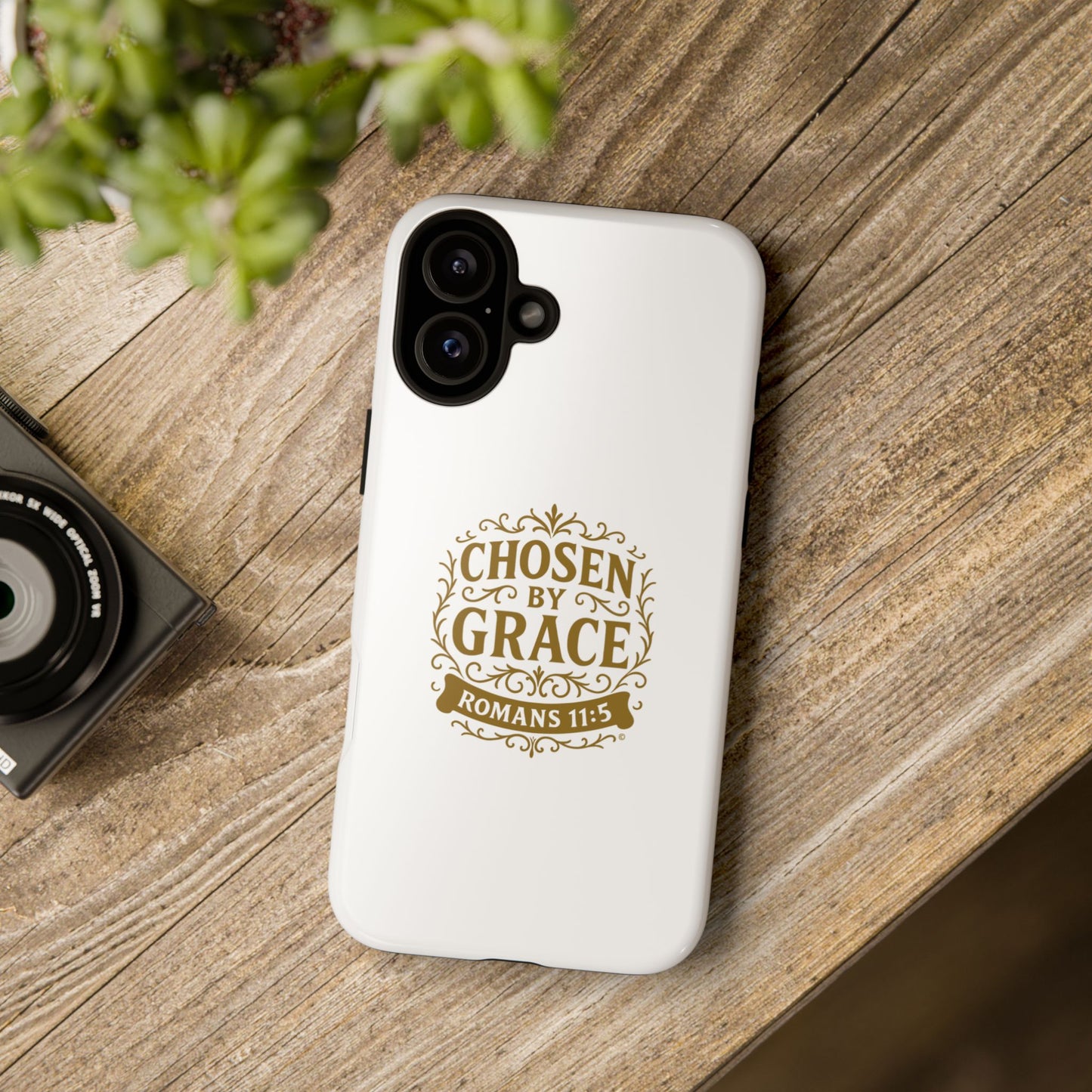 Chosen by Grace (Gold Lettering), Rugged Phone Case, Inspirational Mobile Cover, Gift for Faith Lovers, Faith-Based Protector - Cross Apparel USA