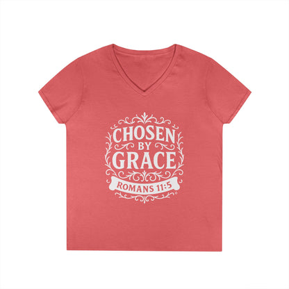 Chosen by Grace (White Lettering) Ladies V-Neck T-Shirt, Inspirational Gift, Faith-Based Gift