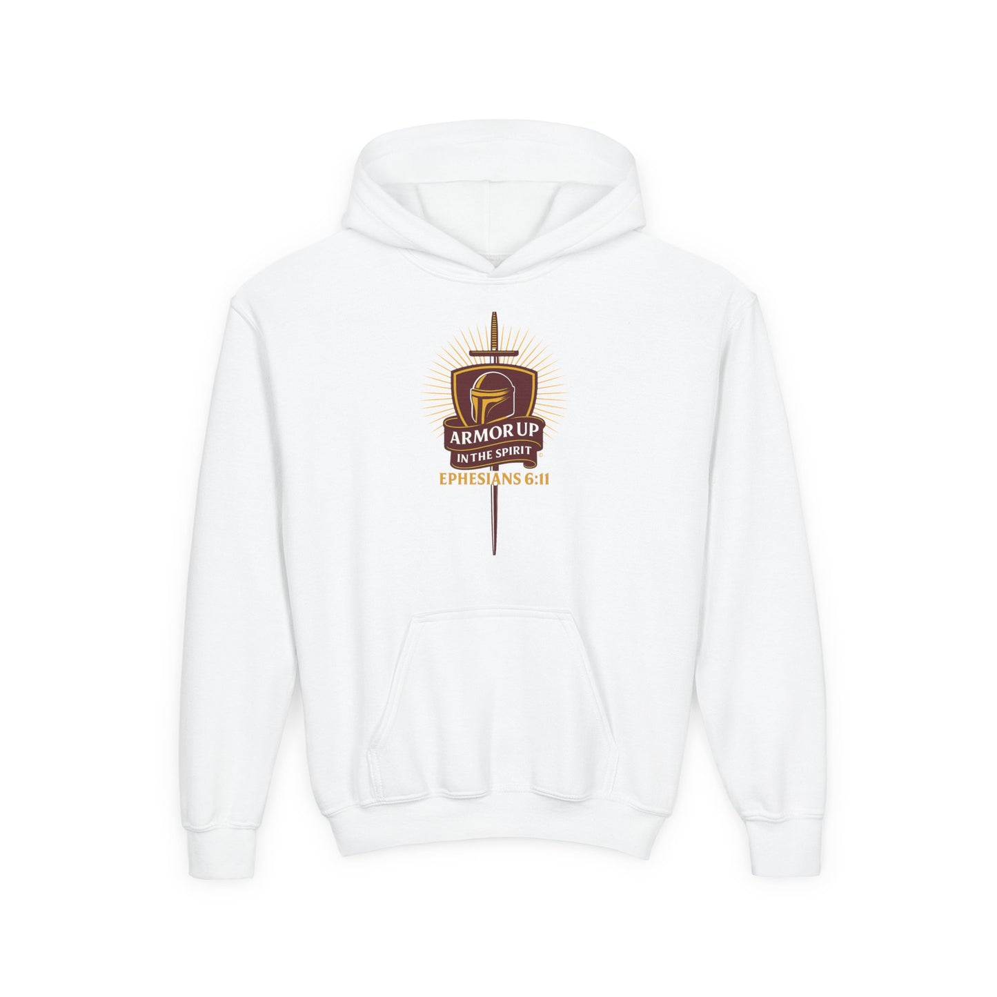 Armor Up (Burgundy & Gold Lettering) Youth Heavy Blend Hooded Sweatshirt - Cross Apparel USA