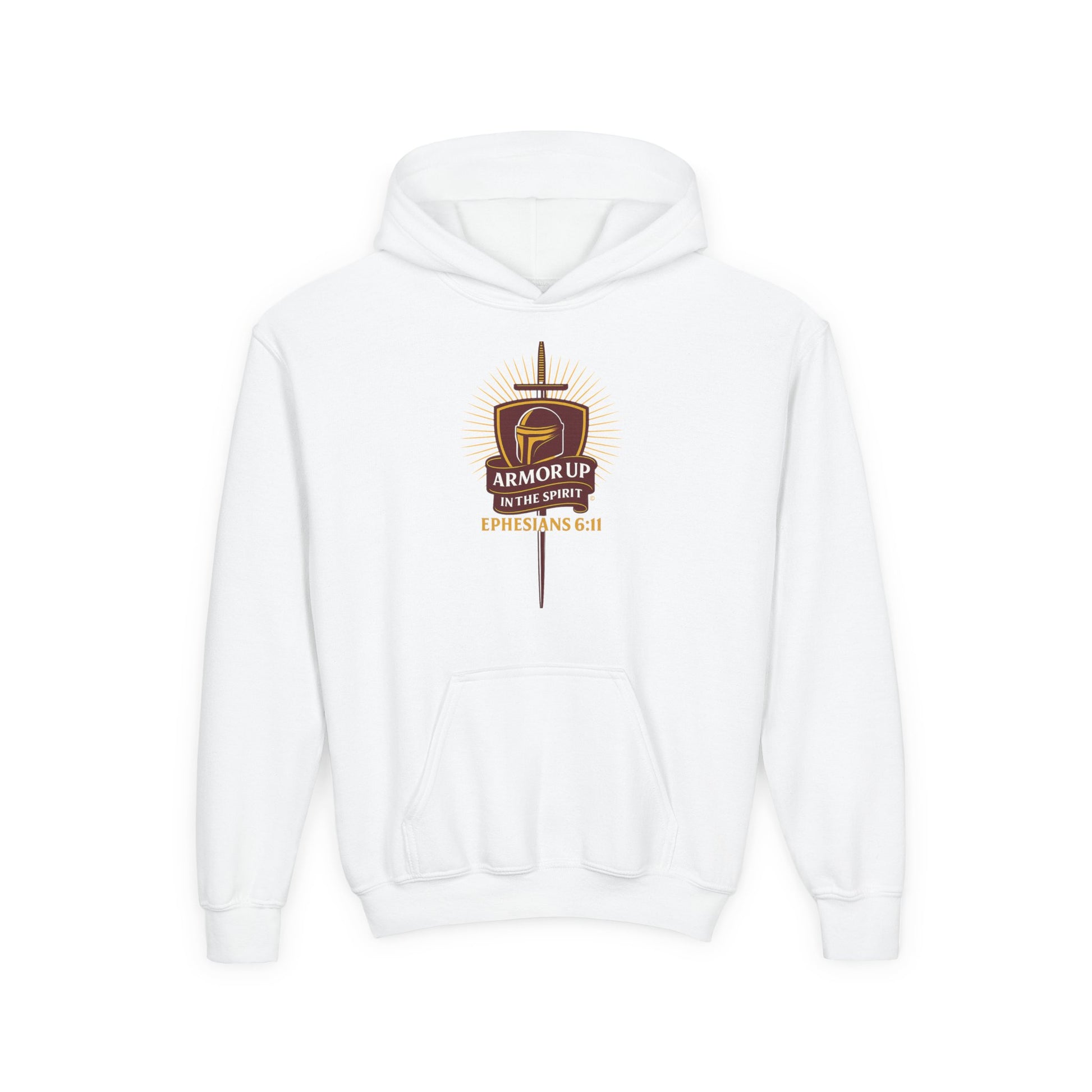 Armor Up (Burgundy & Gold Lettering) Youth Heavy Blend Hooded Sweatshirt - Cross Apparel USA