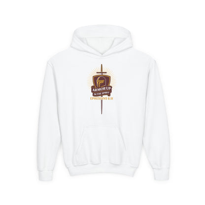 Armor Up (Burgundy & Gold Lettering) Youth Heavy Blend Hooded Sweatshirt - Cross Apparel USA