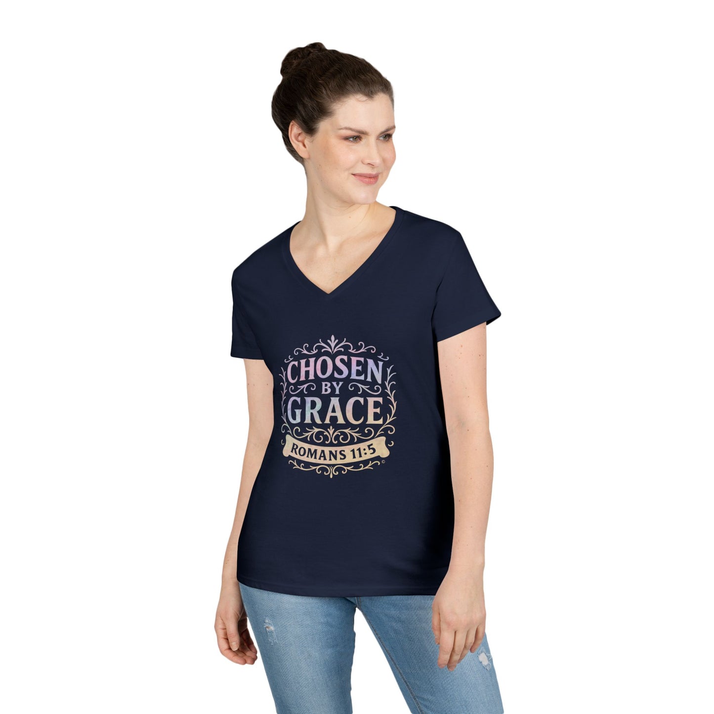 Chosen by Grace (Multi-color Limited Edition) Ladies V-Neck T-Shirt, Inspirational Gift, Faith-Based Gift