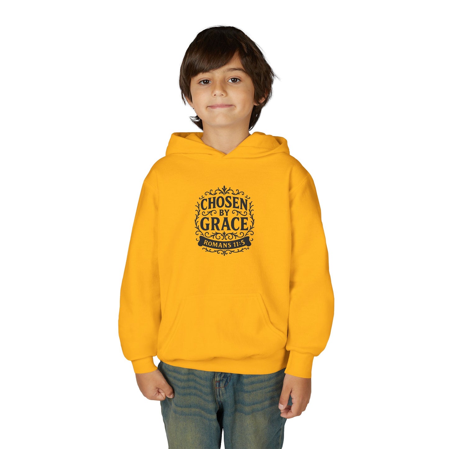 Chosen by Grace (Black Lettering) Youth Heavy Blend Hooded Sweatshirt