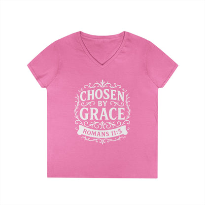 Chosen by Grace (White Lettering) Ladies V-Neck T-Shirt, Inspirational Gift, Faith-Based Gift